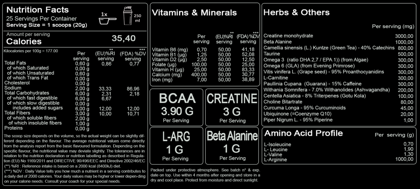 PreWorkout Vegan Bio, Fara Cofeina, 500g, 25portii