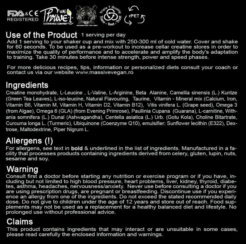 PreWorkout Vegan Bio, Fara Cofeina, 500g, 25portii